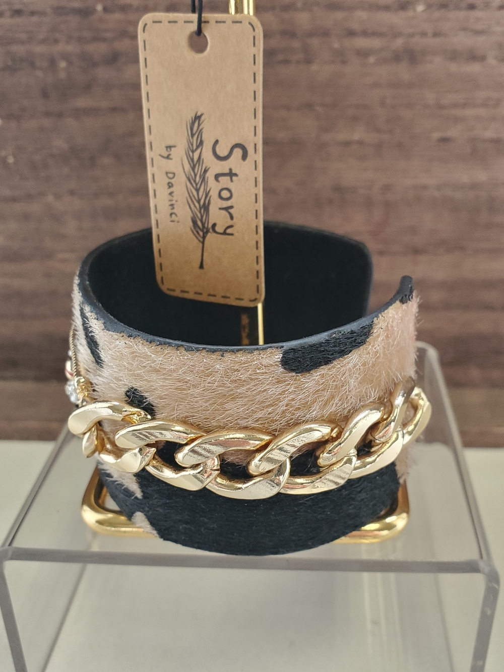 Black & Cream Faux Animal Print Cuff Bracelet with Gold Bee Accent - Picture 4 of 5